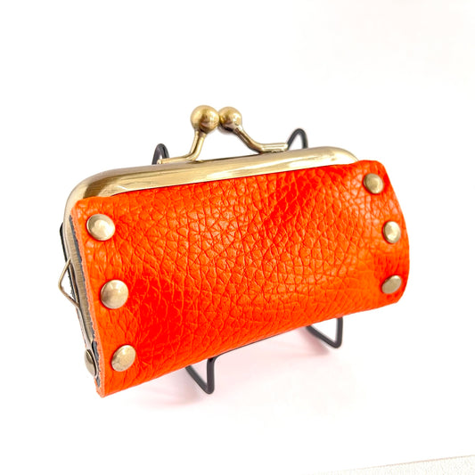 【がま口 小物入れ】 本革 レザー オレンジ カシメ ハンドメイド