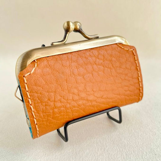 【がま口 小物入れ】手縫い 本革 レザー ライトブラウン ハンドメイド