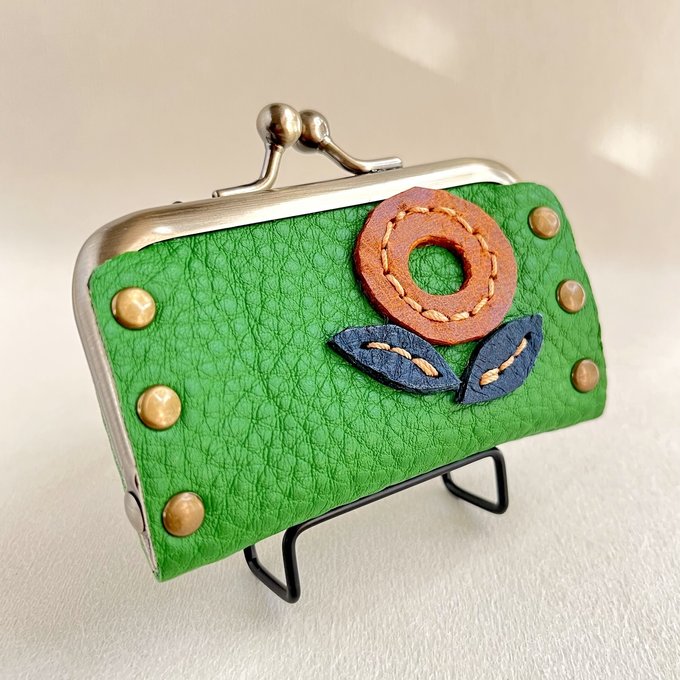 [Clasp purse] Genuine leather, green, riveted, handmade